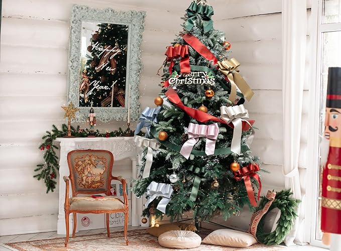 Dusty Blue Satin Wired Ribbon 1-1/2 Inch Double-Faced Sliver Glitter Christmas Ribbons for Wreath, Tree Decoration, Gift Wrapping, Home Decor 10 Yards