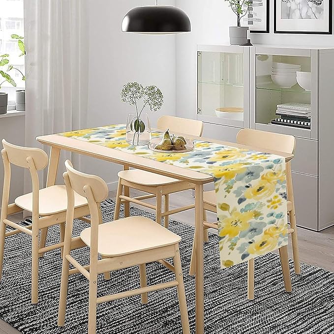 Watercolor Floral Table Runner, Seasonal Summer Yellow Flower Print Kitchen Dinning Table Runner for Indoor Outdoor Home Wedding Party Holiday, 13x120 Inch