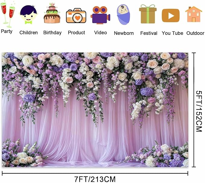 8x6ft Purple Lavender Floral Bridal Backdrop Wedding Flower Photography Backdrop for Girl Portrait Baby Shower Birthday Party Decor Banner Mother's Day Party Wall Backdrop Studio Photo Backgrounds