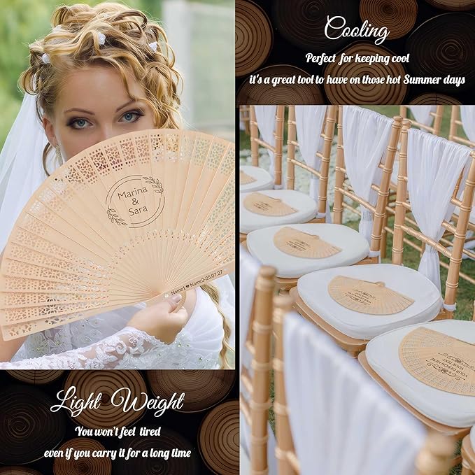 100 PCS Custom Fans Personalized Folding Fans for Line Dancing Wooden Hand Fan Wedding Favors Bulk Fans for Guests Party Event Use (Style09)