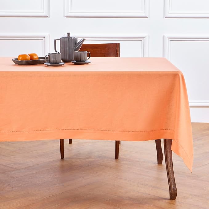 Solino Home Linen Tablecloth for Rectangle Tables 60 x 90 Inch - Classic Hemstitch 100% Pure Linen Coral Table Cloth - Machine Washable Cloth Tablecloth