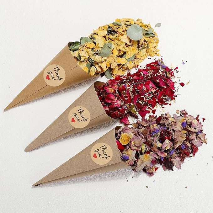 PATIKIL Dried Flower Confetti Cones, 30Pcs Paper Tapers Cone Holder with Dried Rose Petal / Sticker for Wedding Party Engagement Birthday DIY Decoration, Red