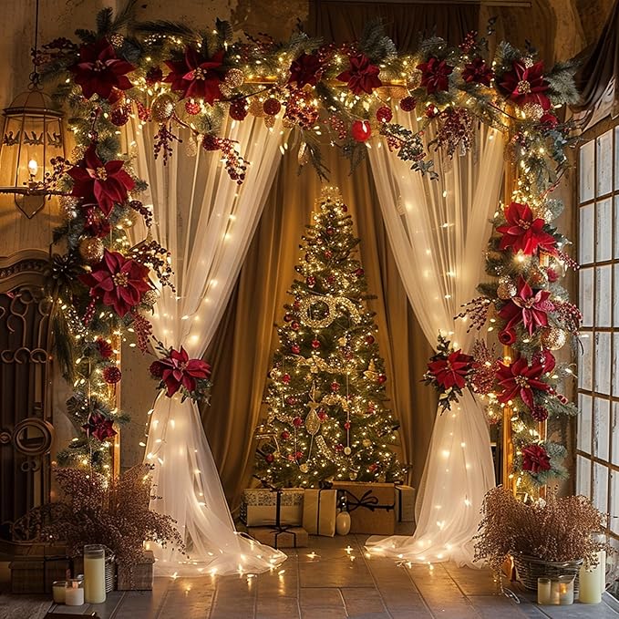 Fomcet Tulle Curtains with Lights String White 20FT X 8FT Sheer Backdrop Curtains for Parties Wedding Baby Shower Photo Shoot Decorations (4 Panels 5 x 8FT)