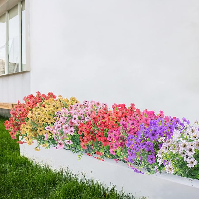 12 Bundles Artificial Flowers Outdoor UV Resistant Fake Plastic Plants Indoor Outside Hanging Plants Garden Porch Window Box Home Wedding Farmhouse Festive Shrub Decor (Purple)