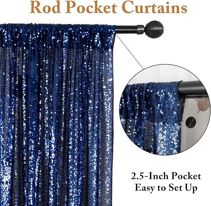 ShinyBeauty Navy and Orange Backdrop - 2FTx8FT Blue Photo Backdrops, Sequin Curtains, Glitter Fabric for Happy Birthday Parties and Events Halloween Decor