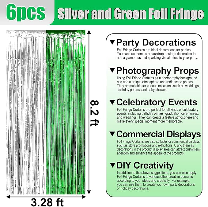 6 Pack Silver Green Foil Fringe Curtain Backdrop, 3.28Ft x 8.2Ft Metallic Tinsel Foil Fringe Streamer Curtains for Photo Booth, Birthday, Wedding, New Year Party Decorations