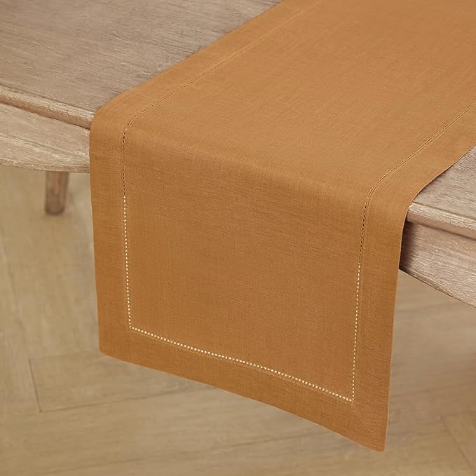 Solino Home Linen Table Runner 36 Inches - 100% Pure Linen Brown Sugar Hemstitch Table Runner 14 x 36 Inch Ideal for Dresser and Coffee Tables - Fall, Autumn, Thanksgiving - Classic Hemstitch