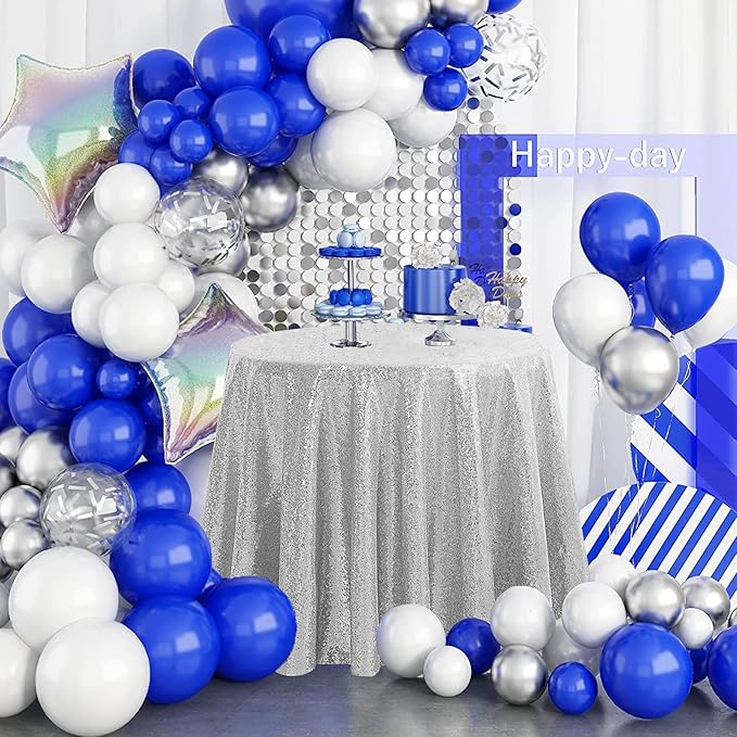 OQSQ Silver 50" Round Sequin Tablecloth, Glitter Tablecloth for Bridal Shower Decorations, Birthday, Wedding, Dessert, Banquet（50X50 inch Round,Silver.