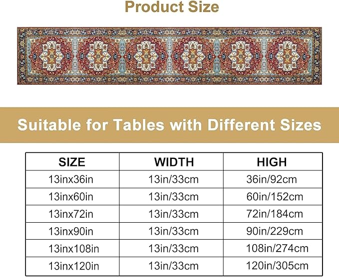 Vintage Boho Floral Table Runner, Rustic Country Farmhouse Red Blue Gold Retro Flower Pattern for Home Kitchen Table Decor Dining Coffee Room Party Decor 13x90in