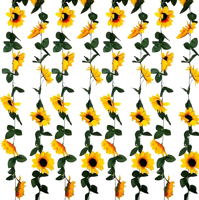 8Pcs 63Ft Sunflower Garland, Fake Hanging Flowers, Sunflower Artificial Flower Vine, Hanging Floral Vine Garland for Wedding, Party, Wall Arch, Halloween, Christmas Summer Garden Backdrop Decor