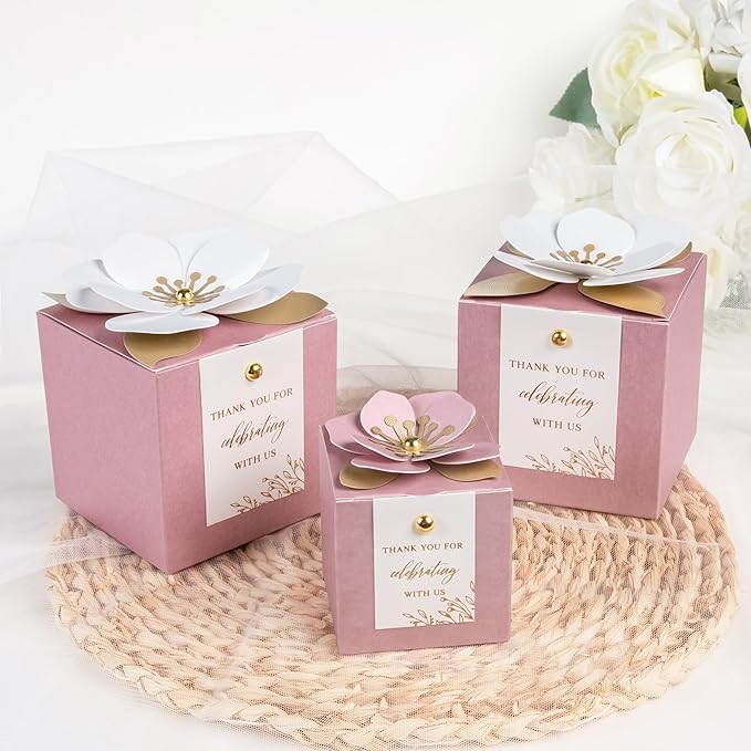 FEIYI 20 PCS Favor Boxes, 3 In 1 Dusty Rose Candy Boxes with Floral Decor, White Thank You Tags Gold Foil Print Gift wrapping for Wedding, Baby Shower, Birthday, Decorations Party - 2.55x2.55x2.55