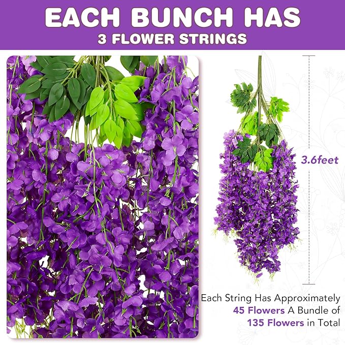 Wisteria Hanging Flowers,Fake Hanging Flowers,Wisteria artificiales Garland for Home Wedding Arch Floral Party Garden Ceremony Outdoor Decor,3.6 feet Long(108,Purple)