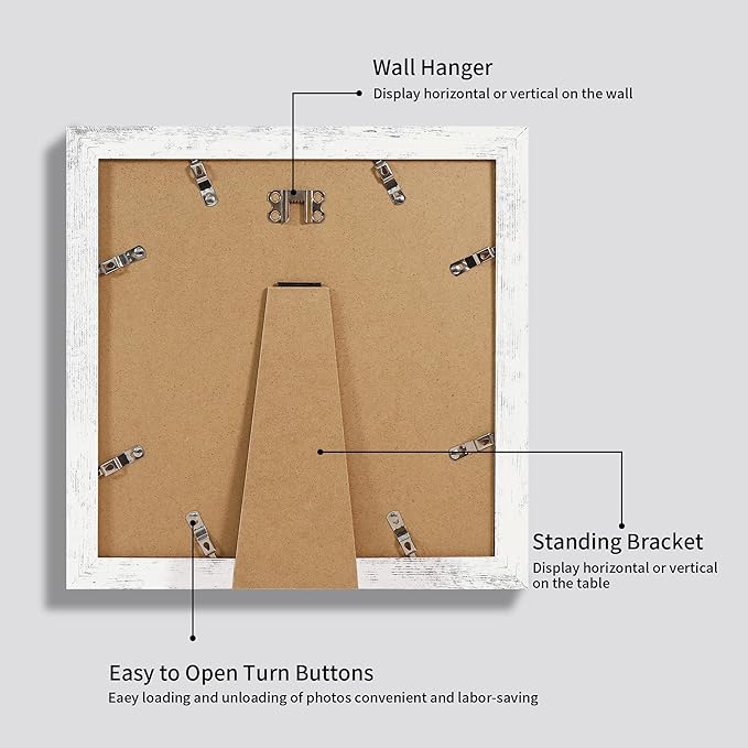 10x10 Picture Frame Set of 4 with Real Glass, Distressed White Frame Display 8x8 Pictures with Mat or 10 x 10 Without Mat, Wood Square Photo Frame for Wall Mount and Tabletop Display