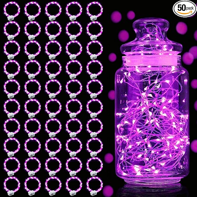 Aogist 50 Pack Fairy Lights 3 Modes 7ft 20 LED Waterproof,Battery Operated Silver Wire Firefly Starry Moon Mini String Lights for Mason Jars Christmas DIY Crafts Wedding Party Bedroom,Pink