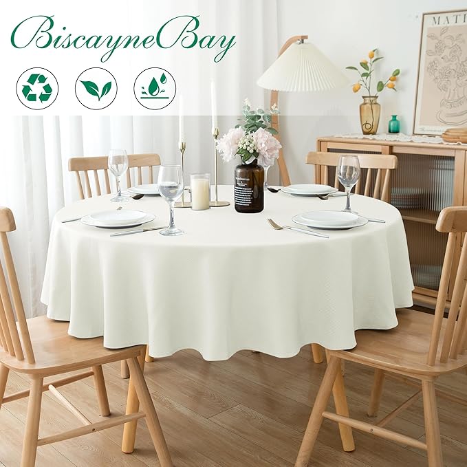 Biscaynebay Textured Fabric Tablecloths Round 60", Ivory Water Resistant Table Cloth Small Circle Folding Table Covers for Dining, Kitchen, Wedding, Parties etc. Machine Washable