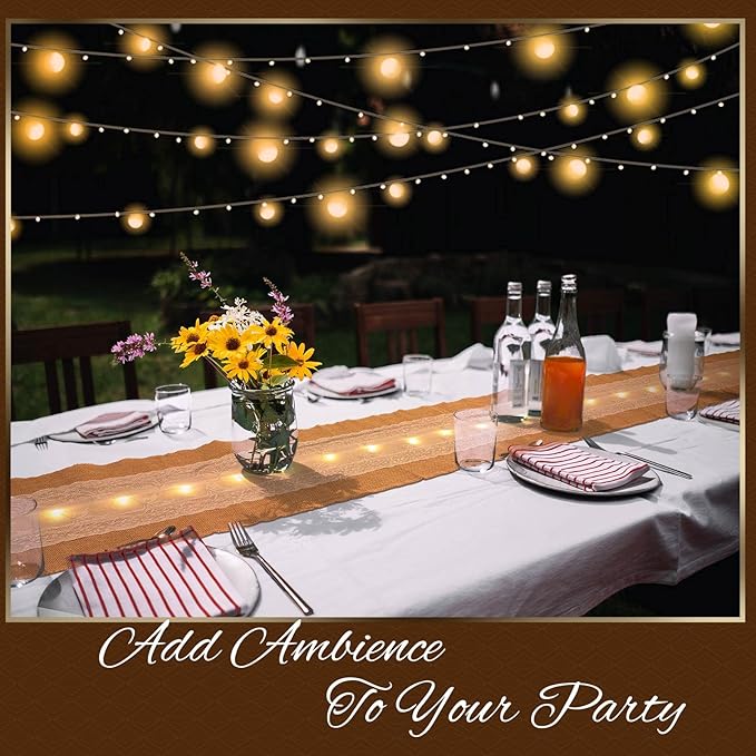 Burlap Table Runner with LED String Lights Rustic 12" x 108" Christmas Tablecloth Lighted Table Runner Farmhouse Decor for Wedding Bridal Shower Xmas Holiday