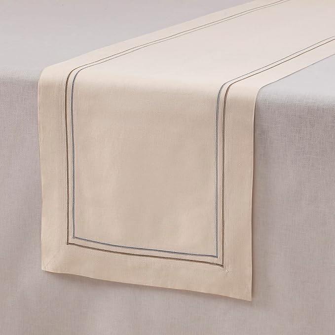Cotton Linen Table Runner 90 Inches Long – Summer Beige Table Runner 14 x 90 Inch – Washable Fabric Farmhouse Runner Line Embroidery – Wedding Decoration, Git
