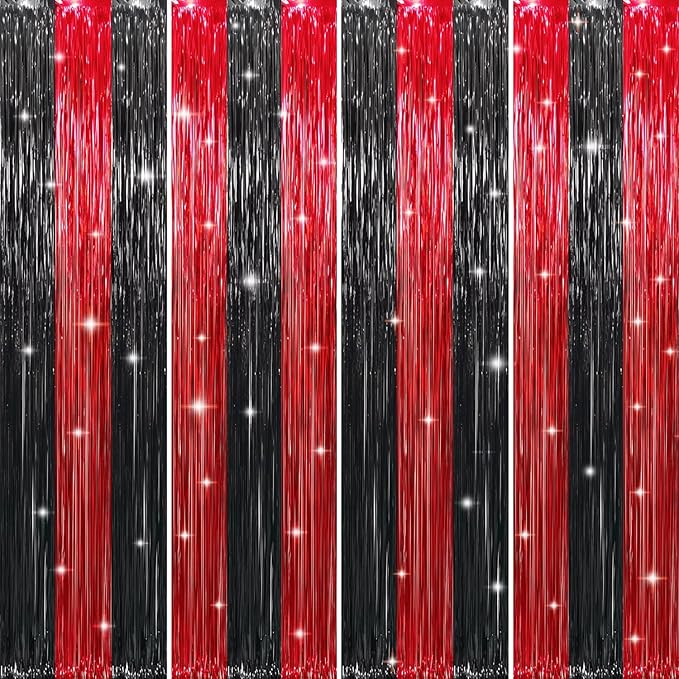 GOER 3.2 ft x8.2 ft Metallic Tinsel Foil Fringe Curtains Party Photo Backdrop Party Streamers for Birthday,Graduation,New Year Eve Decorations Wedding Decor (4 Pcs,Black&Red)