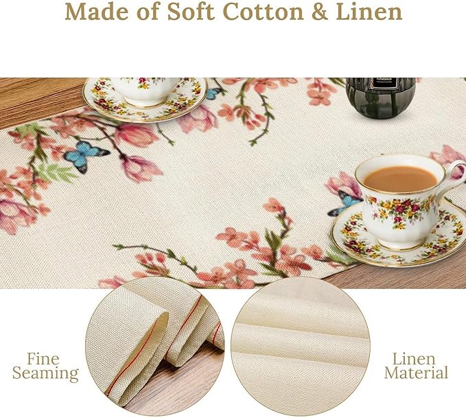 Spring Floral Bird Table Runner, Watercolor Pink Flower Plants Nature Butterfly Table Runner for Kitchen Dinner Living Room Home Party, 13x90 Inch