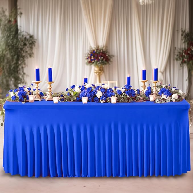 Wish Care 2 Pack Royal Blue Spandex Table Clothes for 8 Foot Rectangle Tables, 8FT Wrinkle Free Fitted Tablecloths Ruffles Design Table Cloth for Party, Banquet, Wedding and Events