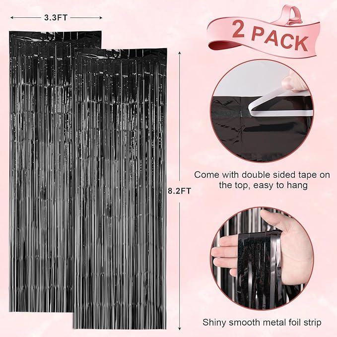 2 Pack Laser Black Foil Fringe Backdrop Curtains, Tinsel Streamers Birthday Party Decorations, Fringe Backdrop for Graduation, Baby Shower, Gender Reveal, Disco Party