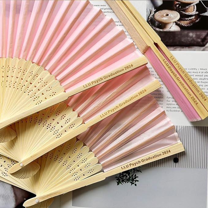 200 Pcs Personalized Pink Wedding Folding Fans for Guests, Custom Engraved Summer Wedding Fans, Folded Hand Fans for Wedding Favors, Vintage Silk Handheld Fans for Bridal Shower Decorations