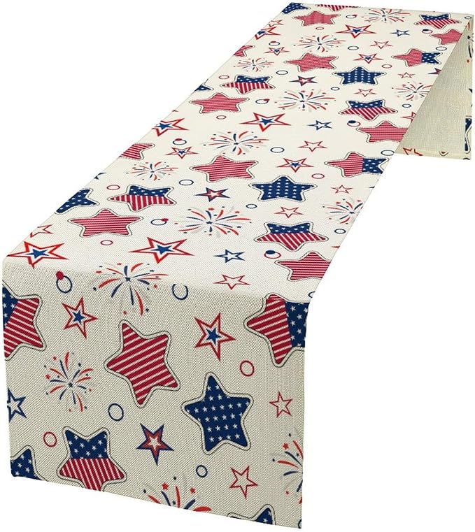 4th of July Table Runner, American Patriotic Independence Day Red Blue White Stars Stripes Fireworks Print Table Runner for Home Party Decor Kitchen Dining Table, 13x90inch