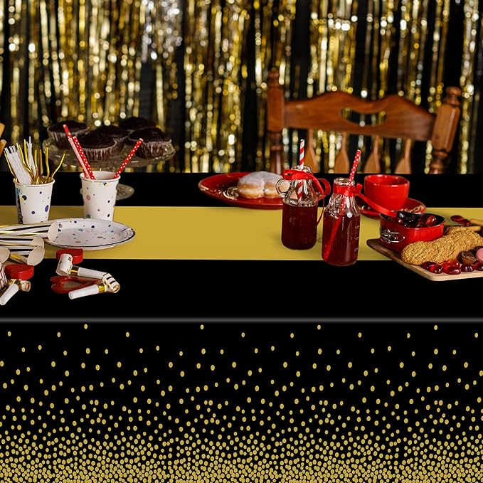 4Pack Black and Gold Tablecloths for Events, 54" x 108" Plastic Table Cloth Disposable for Rectangle Tables, Waterproof Table Cloth Cover for New Years Eve Decorations Holiday Birthday Wedding Dining