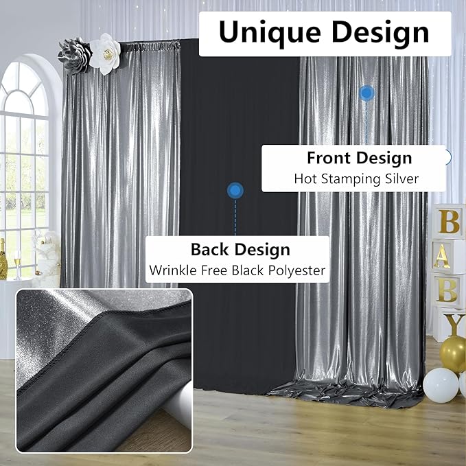 10x10 ft Wrinkle Free Black Silver Sequin Backdrop Curtain for Parties,Thick Not Fall Glitter Wedding Backdrop Drapes,2 Panels 5x10ft Shimmer Photo Back Drop Cloth for Birthday Photography Background