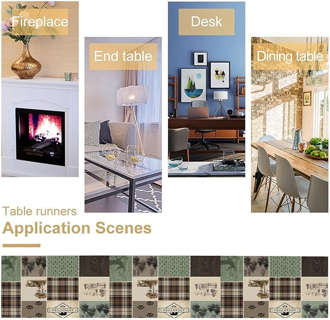 Bear Deer Table Runner,Rustic Lodge Retro Country Farmhouse Buffalo Plaid Print Tablecloth Burlap for Hotel Indoors Outdoor Dining Room Kitchen Home Decor,W13X L108 in