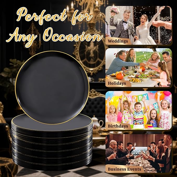 Festiva 200Pcs Black Gold Dessert Plates 6.3" with Plastic Forks 5"- Small Disposable Plates- Dessert/Cake/Appetizer Plastic Plates include 100Plates 100Forks for Christmas Party&Halloween&New Year