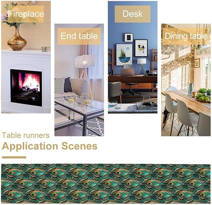 Peacock Feather Table Runner,Retro Aesthetic Green Table Runner for Home Kitchen Dining Party Indoor Outdoor Decoration 13x90 Inch