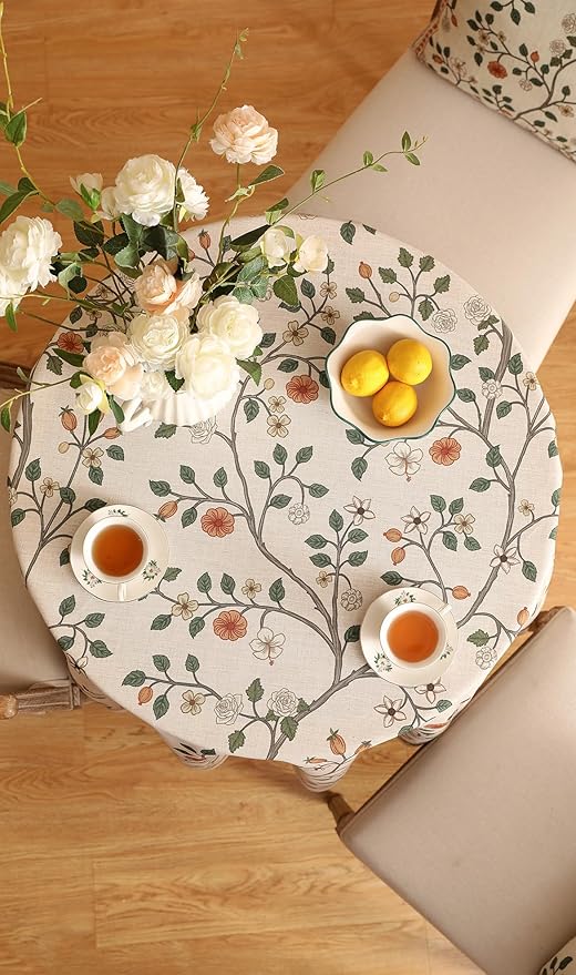 ISAENNE Designer Floral Small Round Tablecloth,French Linen Light Beige Indoor Table Cloth,Fall Wrinkle Resistant Decor Tablecloths for Dining Thanksgiving Kitchen Party,Diameter 55"-Flora A