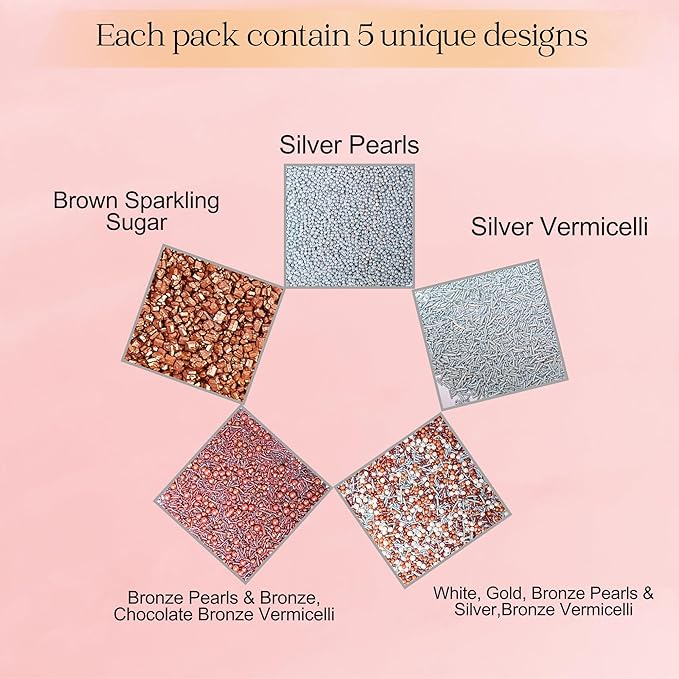 Confect-Rose Gold Edible Cake Sprinkles Mix – Pearl Dragees, Silver & Copper Jimmies, Bronze Sparkling Sugar – White, Rose Gold, Silver Glam Sprinkle Set for Cake Decorating, Baking & Cupcakes- Vegan, Gluten-Free, Nut-Free, Soy-Free, Dairy-Free, Palm O...
