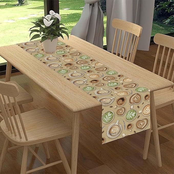 Coffee Theme Table Runner, Farmhouse Retro Brown Coffee Cup Tea Party Rustic Cafe Table Center Decor for Home Kitchen Dining Patio Holiday Party Indoor Outdoor Table Decorations,13"x90" Inch