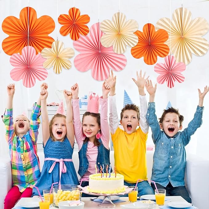 SUNBEAUTY Paper Flowers Decorations for Wall Paper Fans Classroom Decoration Paper Floral Backdrop Decor Paper Fans Decoration Hanging Paper Fans Orange Flower Wall Decor,Set of 9