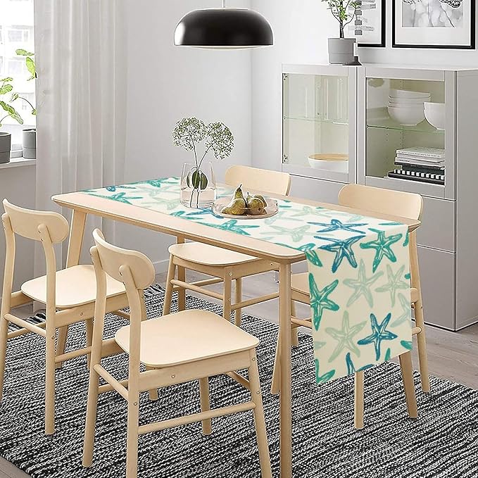 Starfish Plaid Table Flag Green Plaid and Marine Life Starfish Kitchen Table Flag Suitable for Birthday Party Restaurant Decoration Outdoor Picnic 13x36 Inch