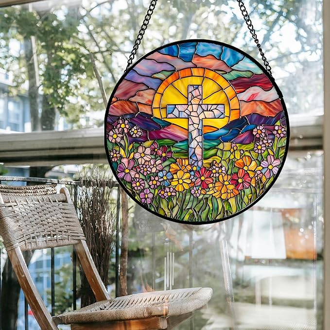 Stained Glass Window Hanging - Cross Flower Sea Sun Catcher for Door Terrace Garden Home Decor, Mountains Landscape Suncatcher Birthday Gifts for Lovers Women Men Dad Mom Nana 7.8 in