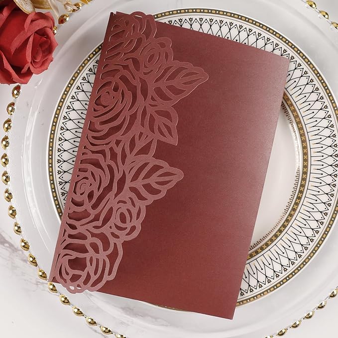 50pcs Tri Fold Wedding invitations Rose Hollow Laser Cut 5x7 '' Wedding Invitation Cards with Envelopes and RSVP Cards for Wedding Engagement Bridal Shower Quinceanera Party Invite Burgundy