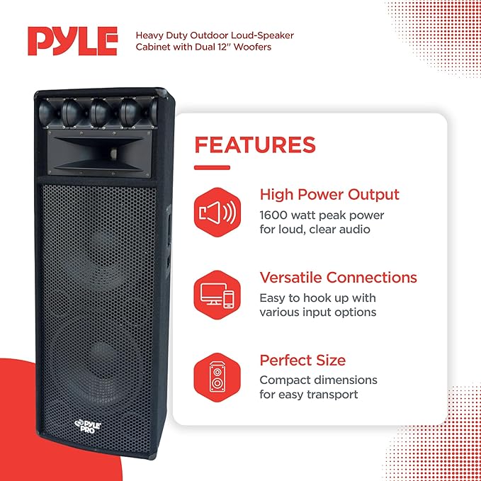 Pyle Portable Cabinet PA Speaker System - 1600 Watt Outdoor Stereo Sound Speakers w/ Dual 12" Woofers, 3.4" Piezo Tweeters, 5"x12" Super Horn Midrange, Crossover Network