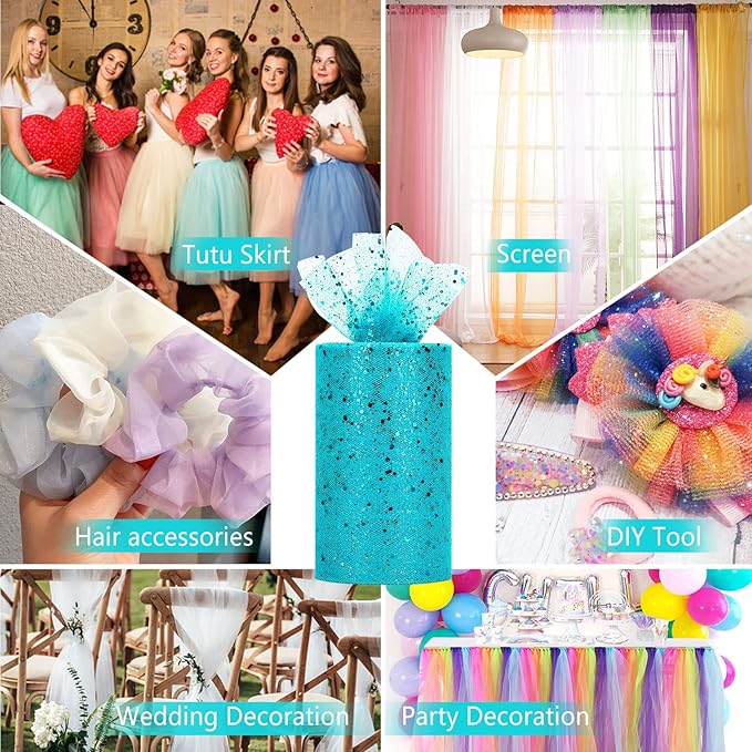 Glitter Tulle Rolls, 6” by 50 Yards (150FT) Sparkling Tulle Spool Ribbon Sequin Tulle Netting Fabric for Tutu Skirt Wedding Birthday Baby Shower (Peacock)