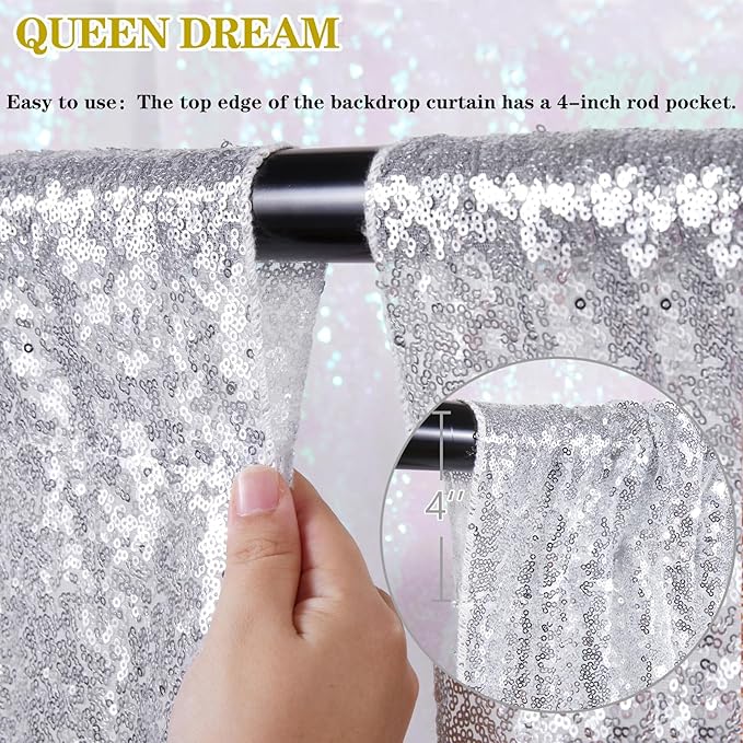 Silver Sequin Backdrop Party Decorations - 3 Packs 2ft x 8ft Silver Photography Background Curtain for Christmas Birthday
