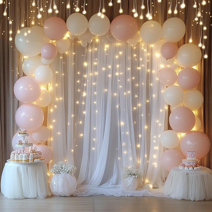 Tulle Backdrop Curtain with Lights String 30 X 10FT White Sheer Tulle Backdrop Curtains for Wedding Birthday Party Reception Photo Booth Background Decorations (6 Panels 5x10FT)