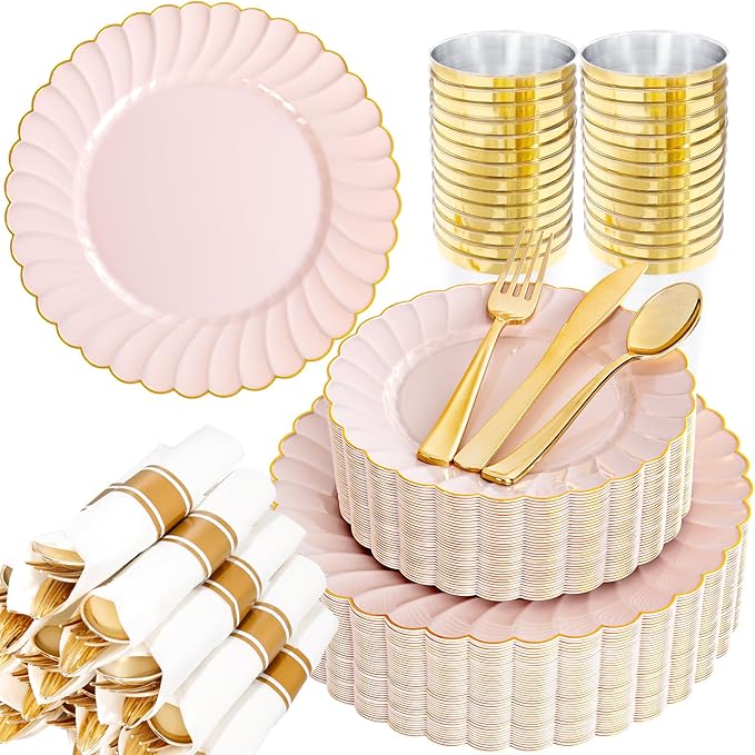 YOUBET 350PCS Pink Scalloped Plastic Plates - Pink and Gold Disposable Dinnerware Set Include 100 Plates, 150 Gold Silverware, 50 Cups, 50 Napkins for Wedding & Party
