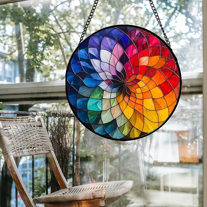 Stained Glass Window Hanging - Colorful Flowers Sun Catcher for Door Terrace Garden Home Decor, Abstract Gradient Suncatcher Birthday Gifts for Lovers Women Men Dad Mom Nana 9.8 in