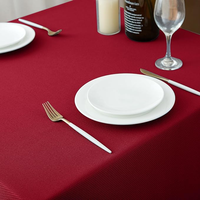 Biscaynebay Textured Fabric Christmas Rectangle Table Cloth 90x156 Inch, Red Water Resistant Tablecloths for Dining, Kitchen, Wedding and Parties, Machine Washable