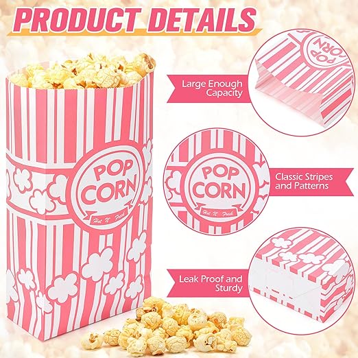 200 Pcs Paper Popcorn Bags Bulk 2 oz Large Flat Bottom Boxes Red and White Disposable Container Sleeve Movie Night Popcorn Bucket for Retro Movie Themed Party Carnival Supplies (Pink and White)