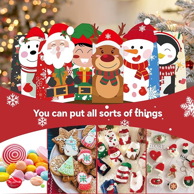 24PCS Christmas Treat Bags, 24PCS Christmas Stickers, Xmas Cookies Wrapping Gift for Classrooms Holiday Party Supplies