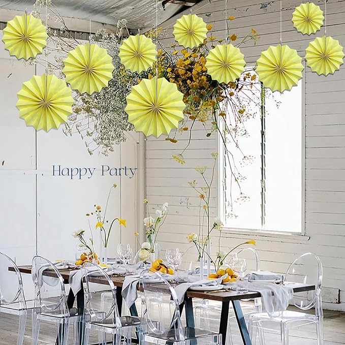 Yellow Hanging Paper Fans,Yellow Accessories Paper Decorations for Party,Color Party Decorations,Bee Themed Classroom Decor,12in Hanging Paper Fans 30 Color DIY Set （Light Yellow）