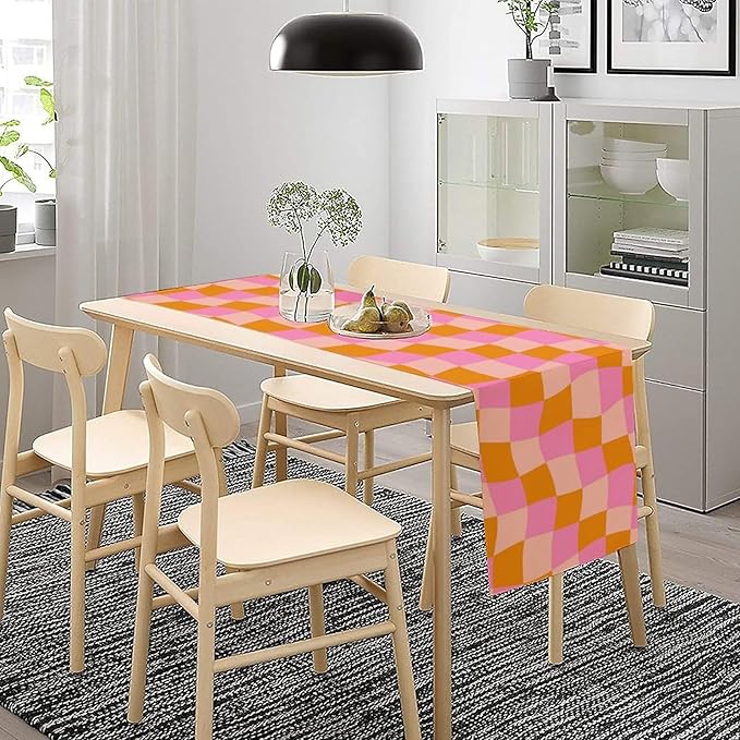 Checkered Table Runner Orange Retro 60s70s Boho Style Kitchen Restaurant Decoration Suitable for Indoor and Outdoor Festival Home Wedding Party Table Runner 13x108 Inch
